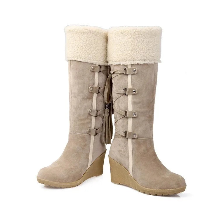 Botas altas para Mujer, Botas Largas con cordones y borlas, Botas de nieve con cuña y plataforma, Botas cálidas de algodón para Mujer 2022