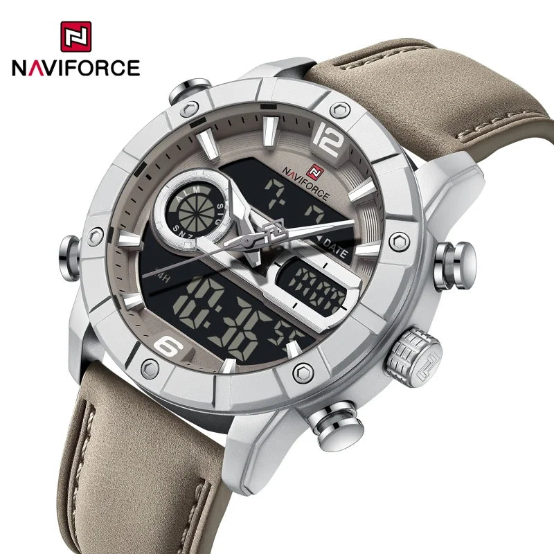 Reloj impermeable NAVIFORCE NF9263 con pantalla luminosa, correa de cuero auténtico, cronógrafo multifunción, temporizador de cuenta regresiva y alarma NF9263