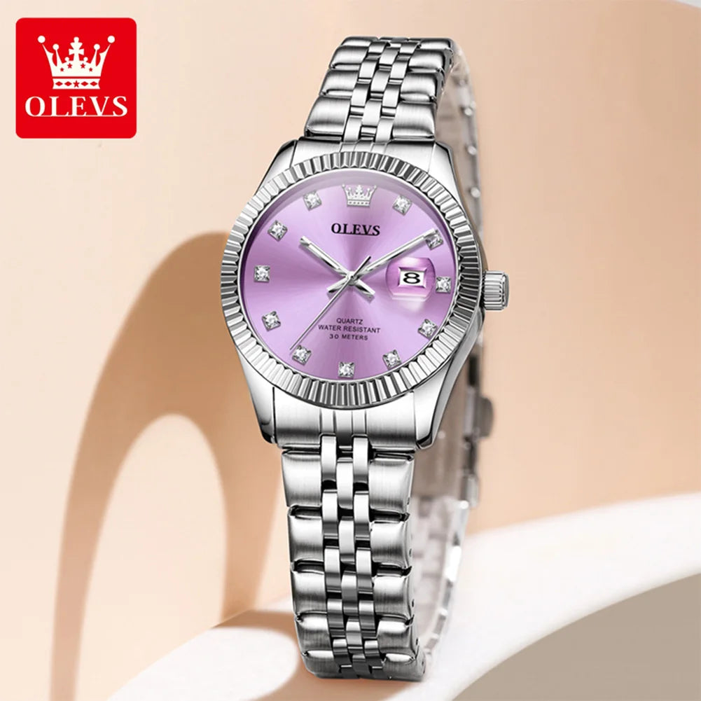Reloj de mujer OLEVS 3705, resistente al agua 30M, reloj de cuarzo con fecha para mujer, espejo de alta dureza, escala de diamantes, reloj de lujo para dama