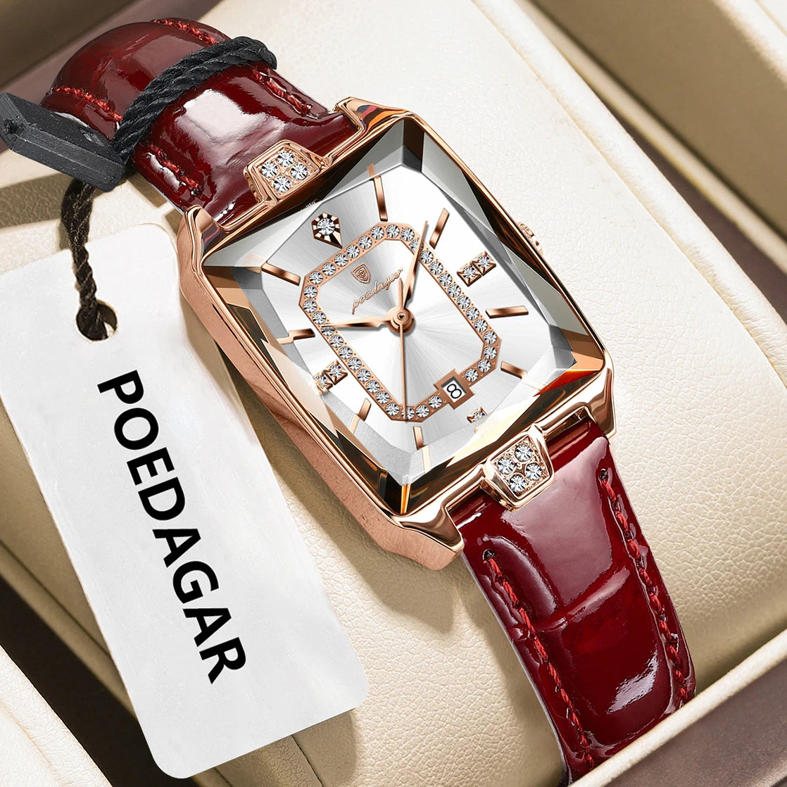 Reloj de pulsera para mujer POEDAGAR de alta calidad, resistente al agua, con fecha, correa de piel, reloj de cuarzo de lujo, rectangular para mujer