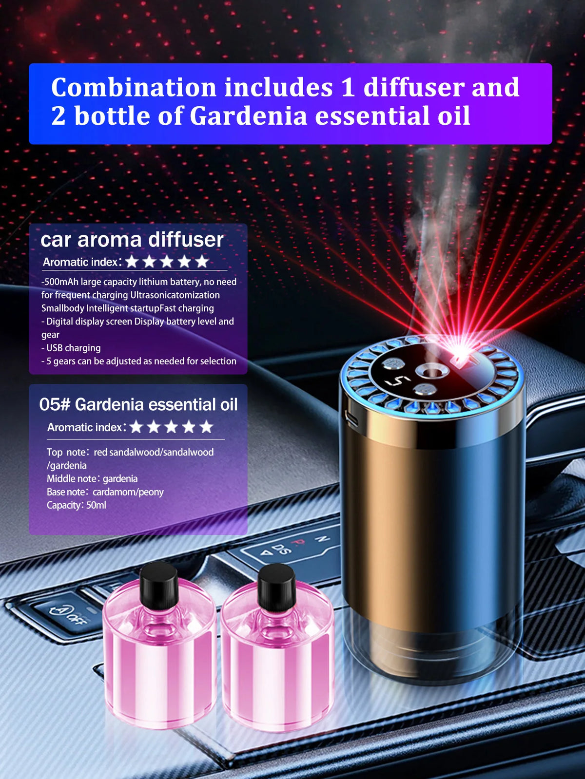 Difusor de aroma de coche recargable, aceite esencial aromático, luces coloridas, luces románticas de cielo estrellado, regalo de dormitorio