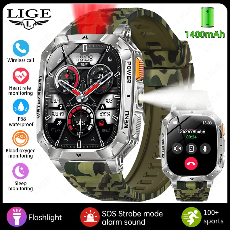LIGE Outdoor Military Smart Watch Men 1400mAh Big Battery LED Flashlight SOS Alarm Bluetooth Call 100+Sports Modes Waterproof Smartwatch For Android IOS