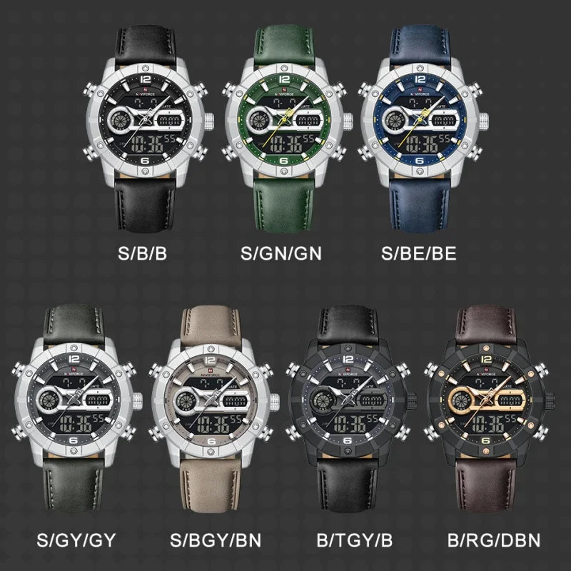 Reloj impermeable NAVIFORCE NF9263 con pantalla luminosa, correa de cuero auténtico, cronógrafo multifunción, temporizador de cuenta regresiva y alarma NF9263
