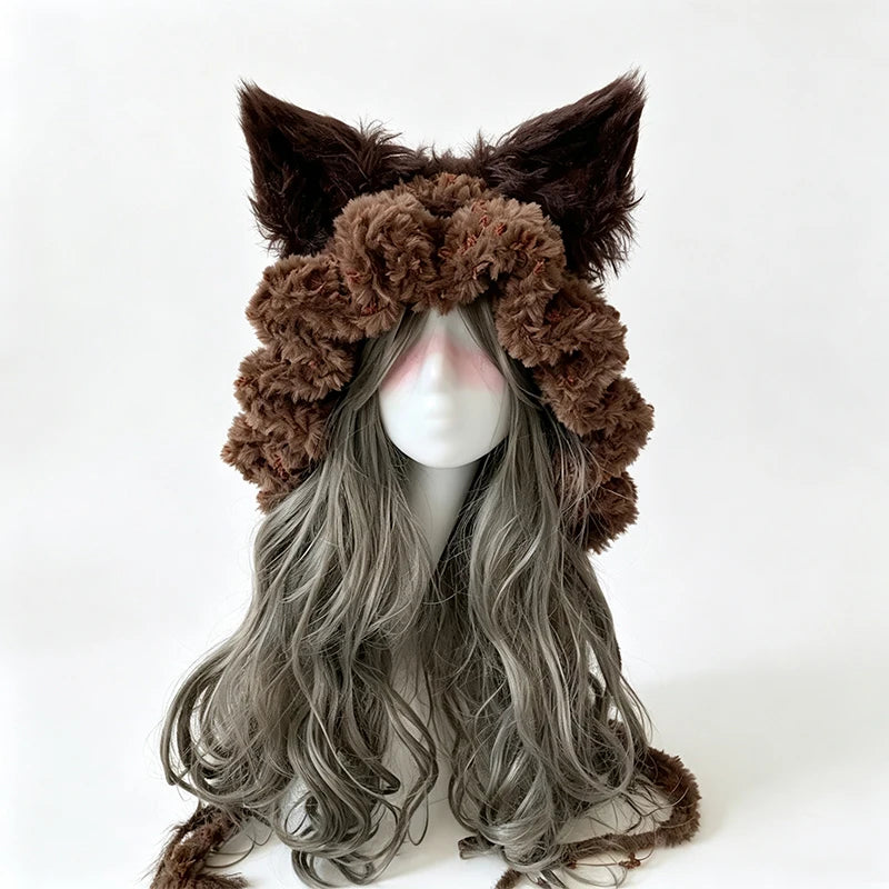 Gorro de Orejas de Zorro Verde Musgo Hecho a Mano Personalizado para Mujer, Gorro de Punto Floral de Felpa, Gorro de Invierno Cálido Estilo Goblincore para Hombre