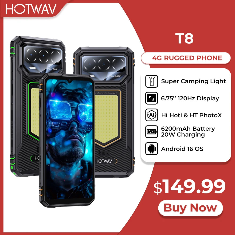 Smartphone resistente HOTWAV T8 6,75'' 120Hz 4GB RAM 64GB ROM Teléfono móvil 6200mAh 20W Súper luz de camping Android 16