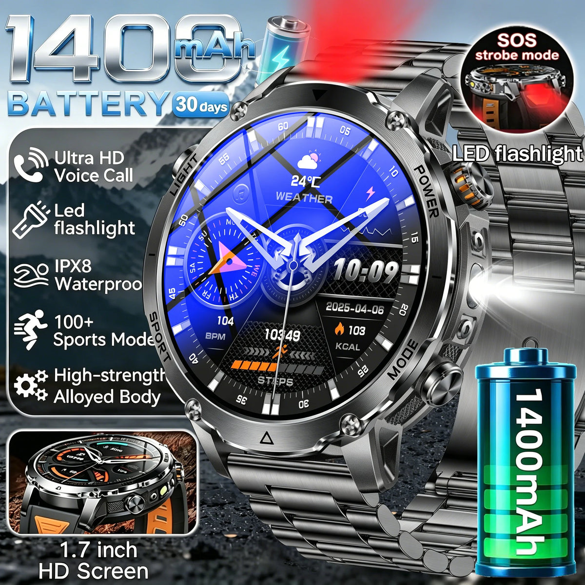 Reloj inteligente militar 2026, batería de 1400 mAh, linterna exterior para hombre, resistente al agua IPX8, más de 100 deportes, llamadas Bluetooth, pulsera de fitness