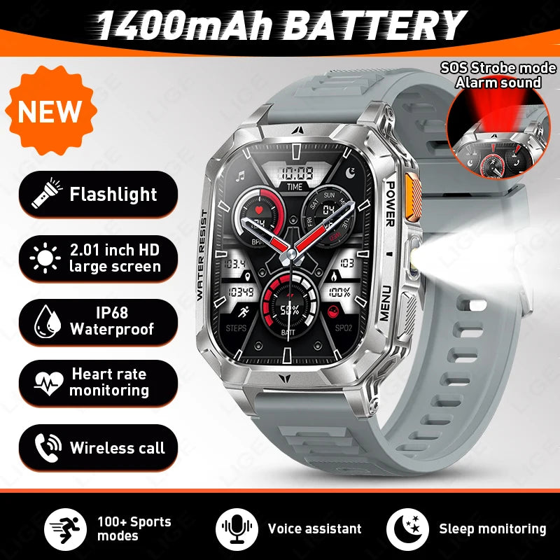 Reloj inteligente militar LIGE de 1400 mAh con batería de larga duración, pantalla HD de 2.01", linterna LED y luz SOS, llamadas BT y monitor de salud para hombre