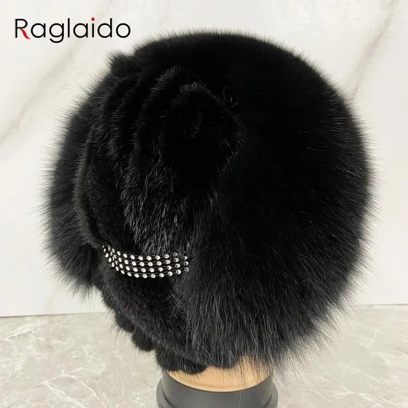 Sombrero de punto de piel de zorro de visón Natural con diamantes para mujer, gorros de invierno, gorro de nieve cálido para exteriores, elegante