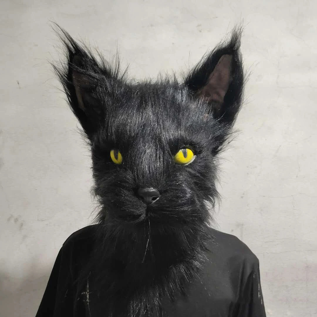 Máscara de látex con pelo de gato negro, casco aterrador, disfraz divertido de animal, capucha con pelo, accesorio para la cabeza, para adultos, para fiestas de Halloween
