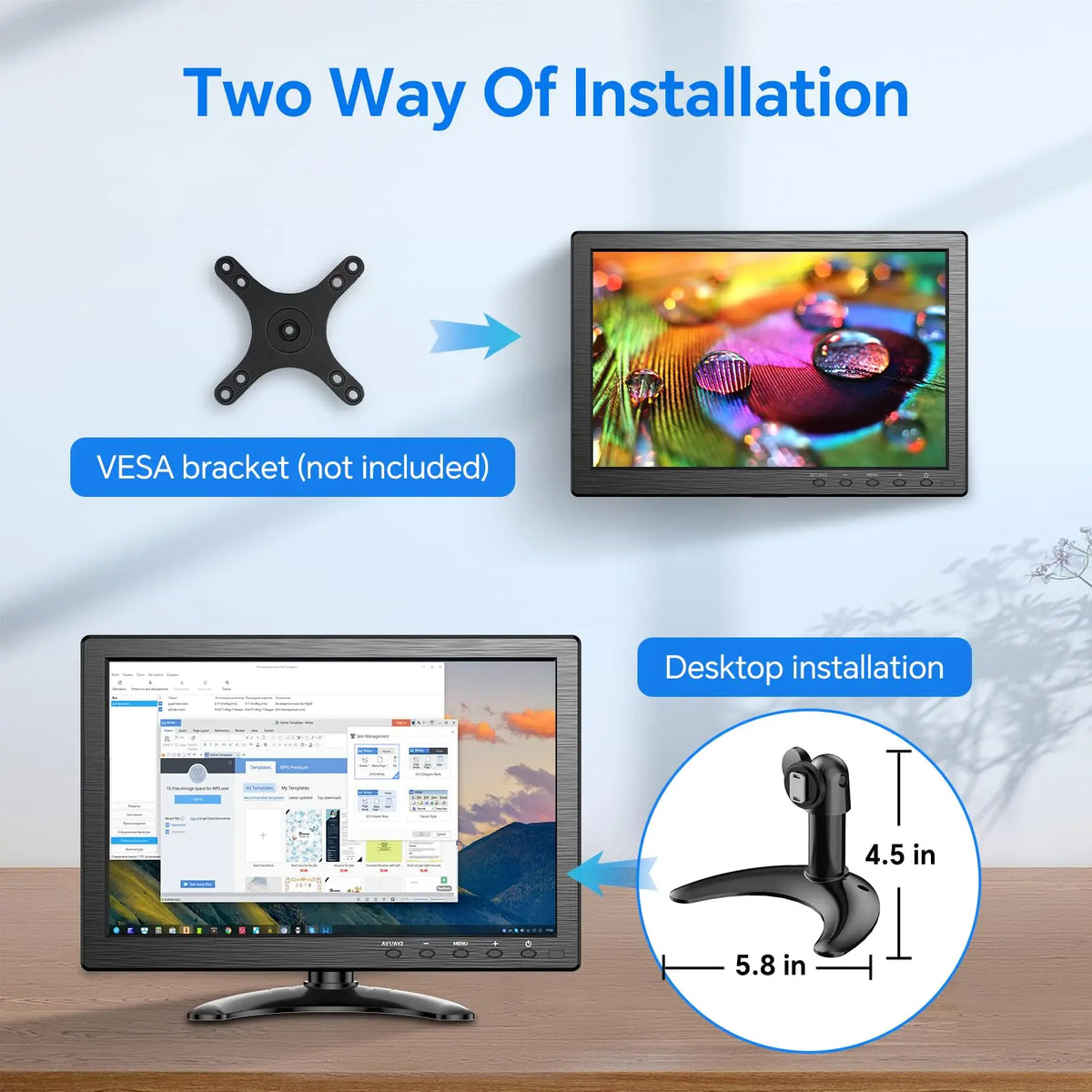 Monitor de seguridad Eyoyo de 10 pulgadas con pantalla LCD de resolución HD 1366 x 768; compatible con montaje en pared; entradas HDMI, VGA, AV, BNC y USB; altavoces integrados; para ordenador, PC, cámara y NVR