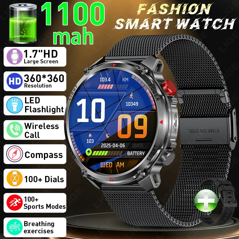 LIGE New Men Military Smart Watch Outdoor Compass 1100mAh Battery Flashlight 1.7"Display BT Call Waterproof Sports Smartwatches