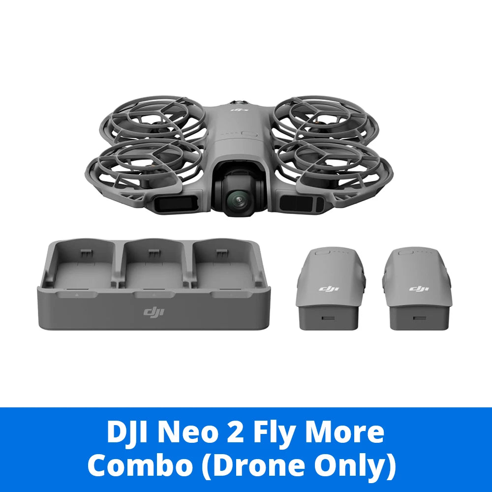 Dron DJI Neo 2 gris con cámara, hélices y base de carga con dos baterías.