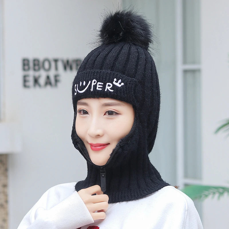 Gorro de invierno de punto para mujer con cremallera, gorro de lana con forro polar y protección contra el viento, ideal para conducir una motocicleta, gorro cálido de estilo coreano.