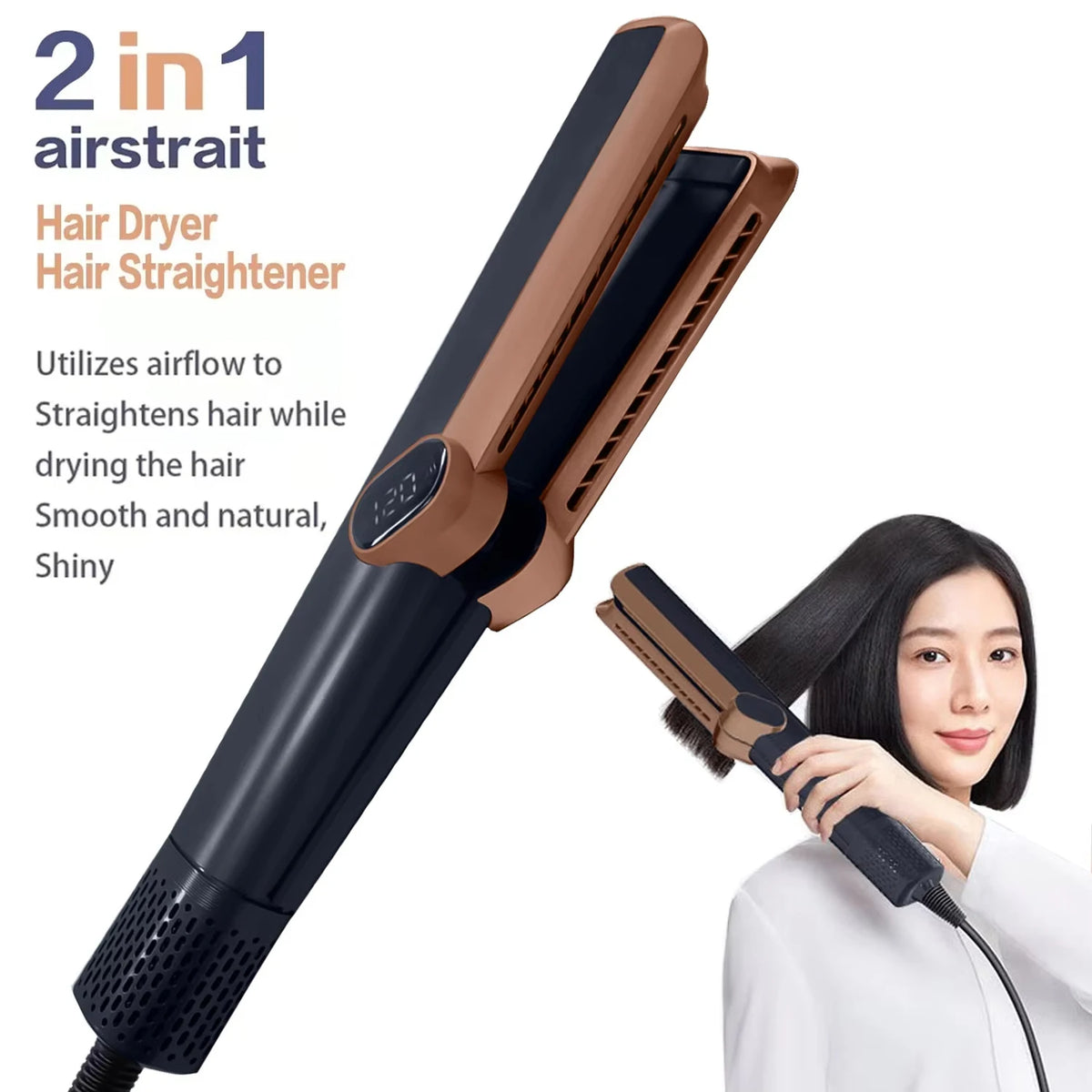 Plancha de pelo y secador profesional 2 en 1, plancha plana de calentamiento, soplador de flujo de aire recto de doble propósito