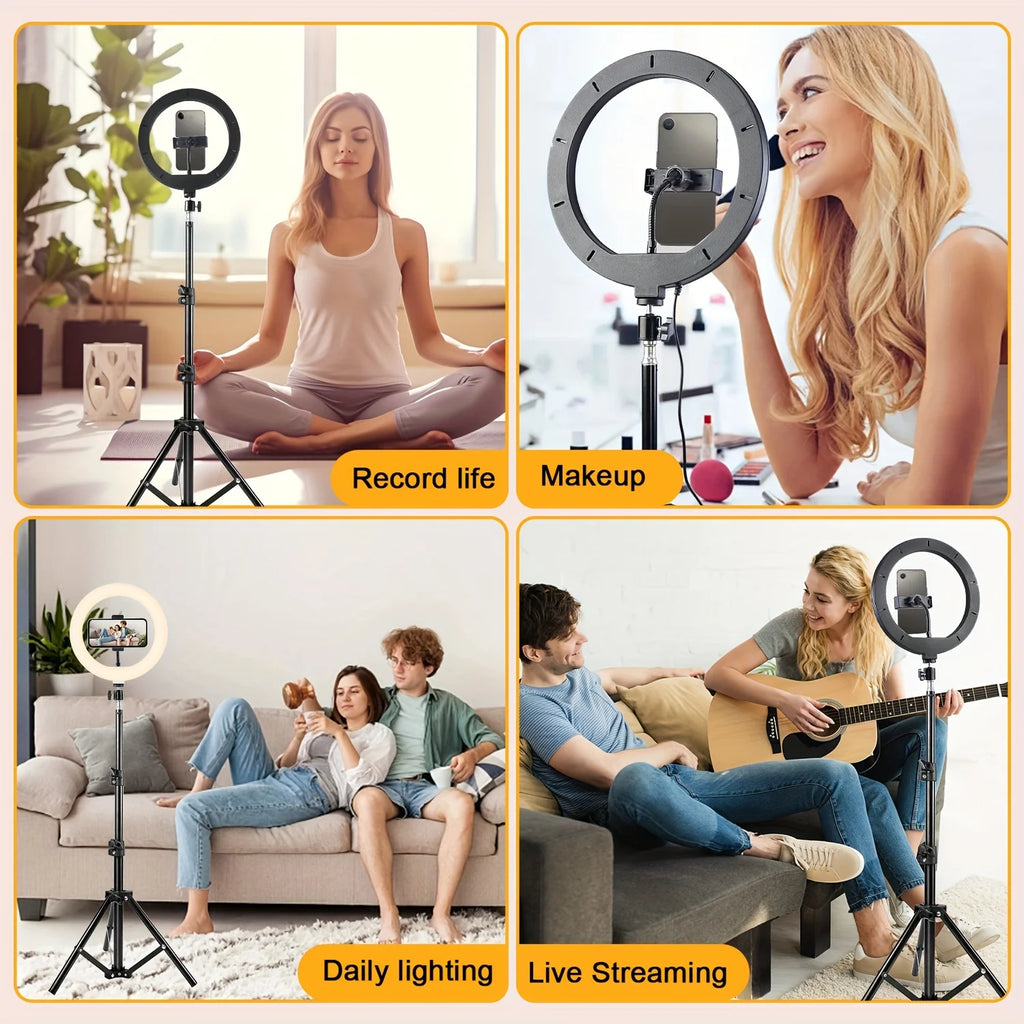 Aro de Luz LED para Selfies con 3 Modos de Brillo Ajustables, Luz de Fotografía Equipada con Trípode de 110 cm, Adecuado para Video Móvil