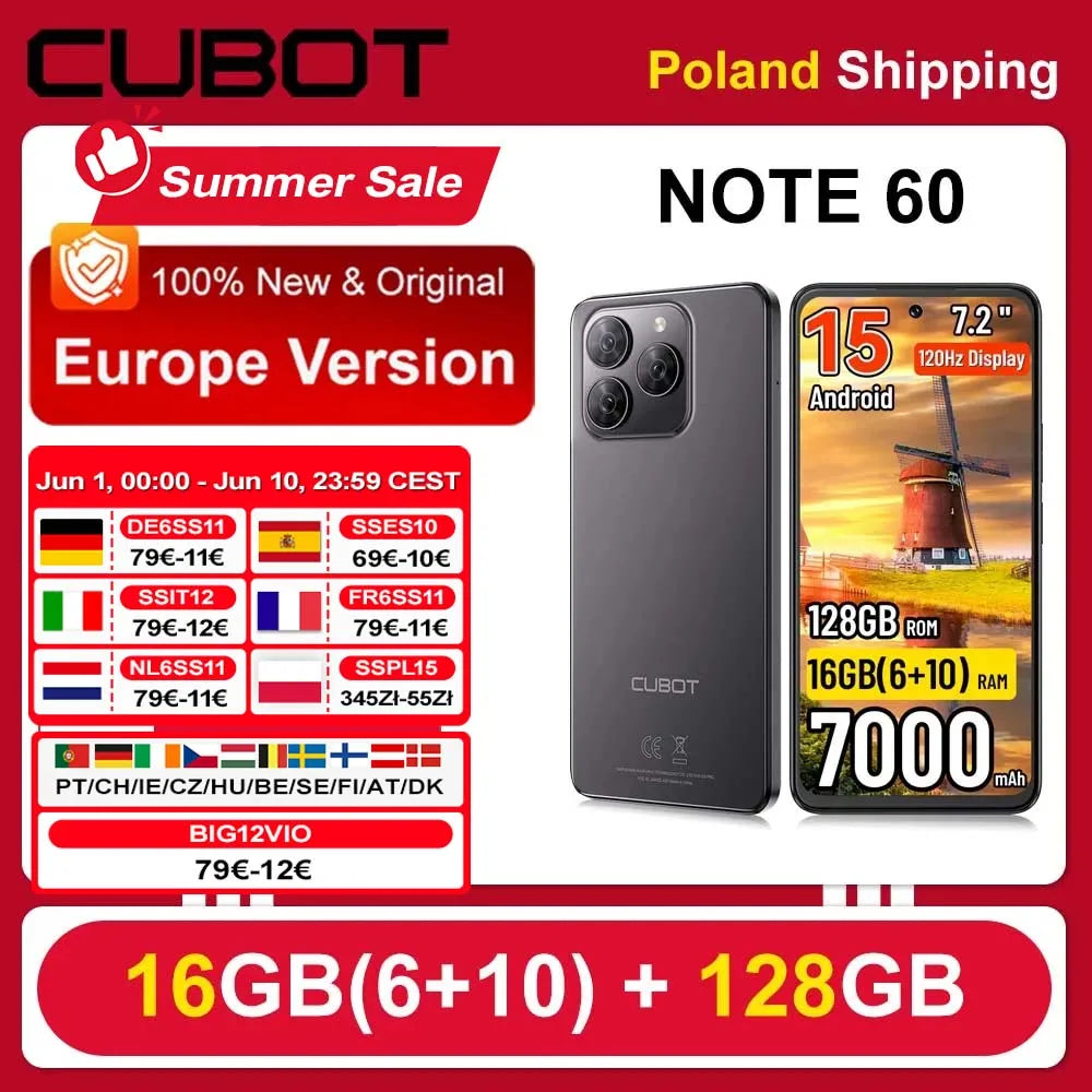 [Envío desde Polonia] Cubot Note 60 7000mAh Smartphone Android 15 7.2'' 120Hz 16GB(6+10GB) RAM 128GB ROM Cámara de 48MP Teléfonos móviles