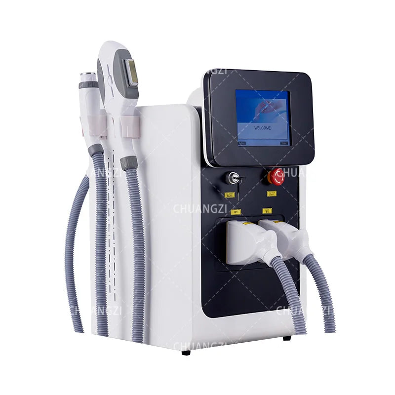 Máquina de Belleza Multifuncional 3 en 1 OPT IPL RF Nd Yag Láser, Funciones de Depilación sin Dolor, Eliminación de Tatuajes, Eliminación de Pecas y Manchas