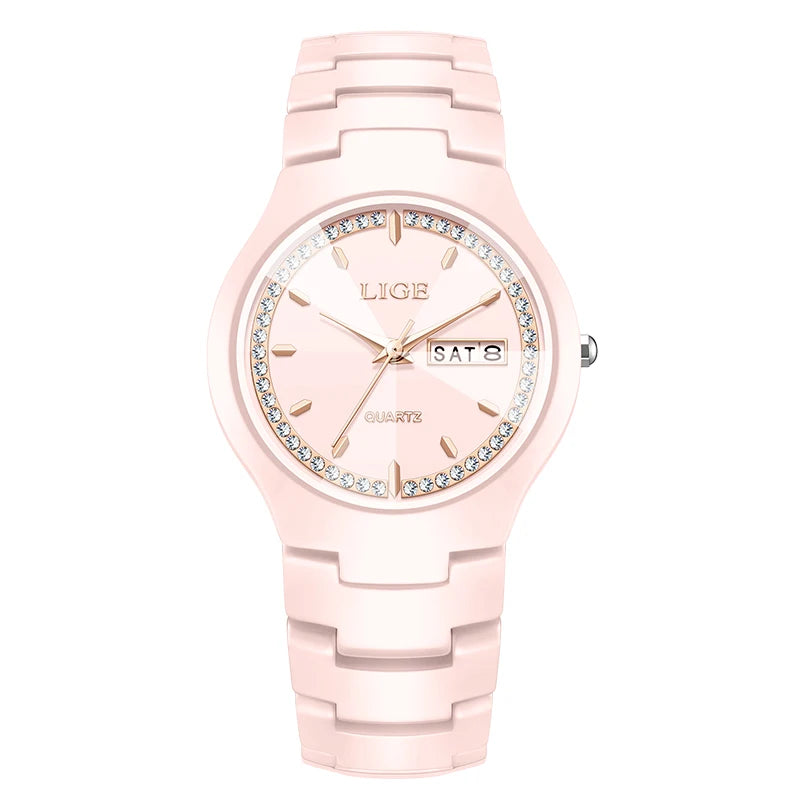 Relojes LIGE de cerámica para hombre con calendario, relojes de pulsera impermeables para mujer, reloj de vestir sencillo con diamantes, reloj de cuarzo con visualización de fecha y día de la semana