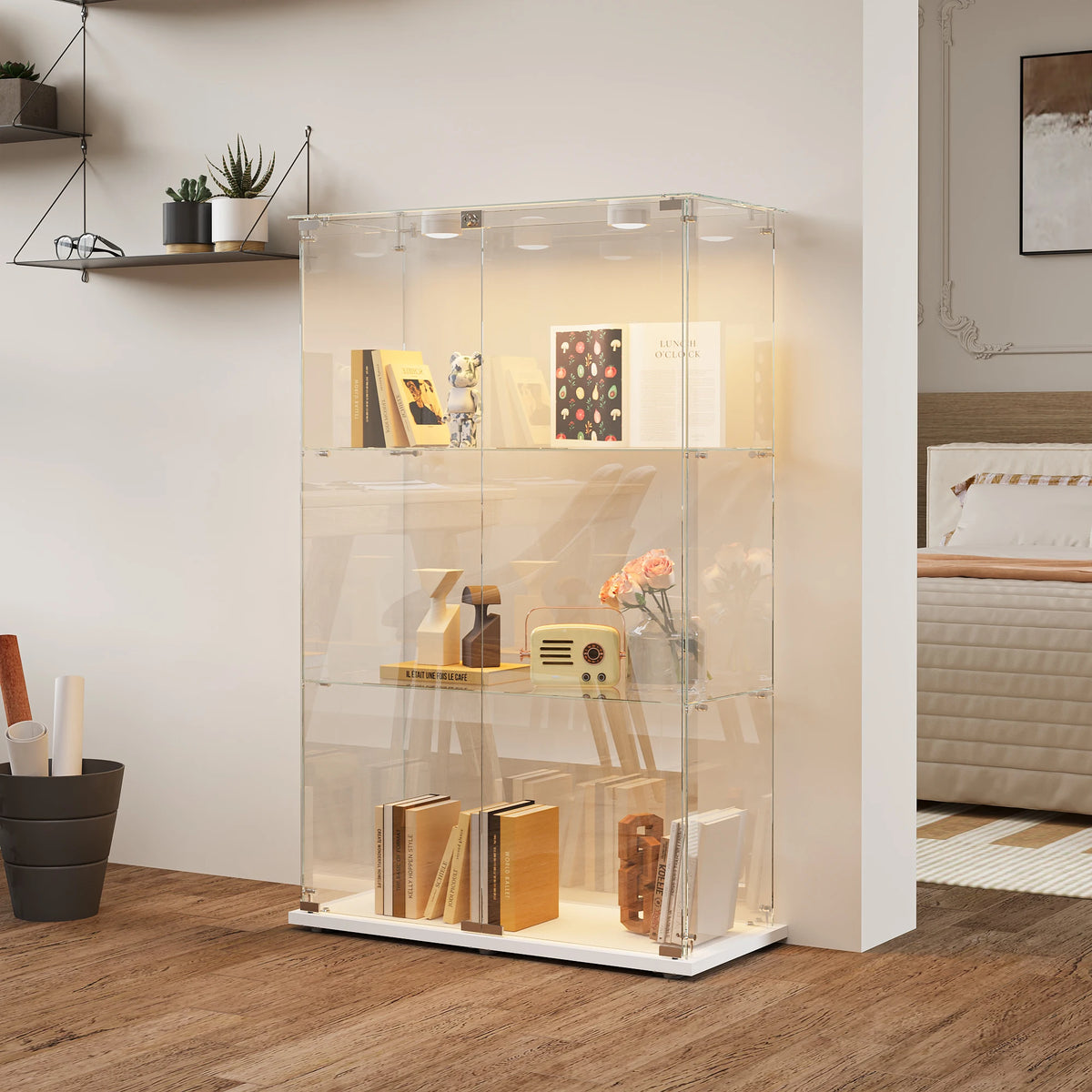 Vitrina de cristal con iluminación LED, vitrina de pie con 3 estantes de cristal y 2 puertas de cristal, con cerradura, vitrina para sala de estar, oficina, coleccionables, libros, vino, blanco