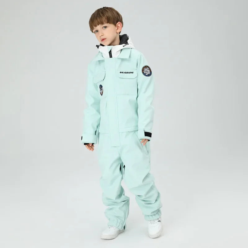 Traje de nieve de una pieza para niño, Mono de esquí con capucha, a prueba de viento, pantalones de Snowboard al aire libre, ropa de disfraz, Invierno