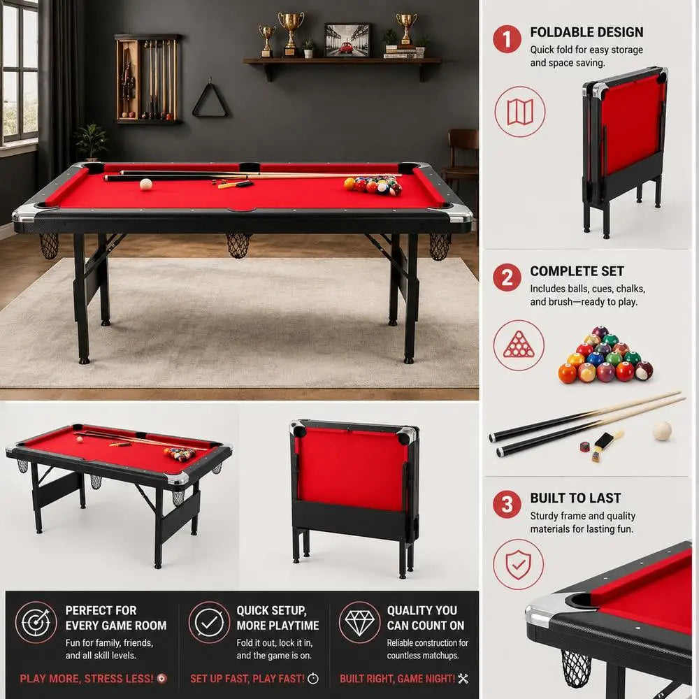 Mesa de billar de 6.3 pies, mesa de juegos plegable y portátil, ahorradora de espacio con bolas, tacos, tiza y cepillo, color negro con paño rojo
