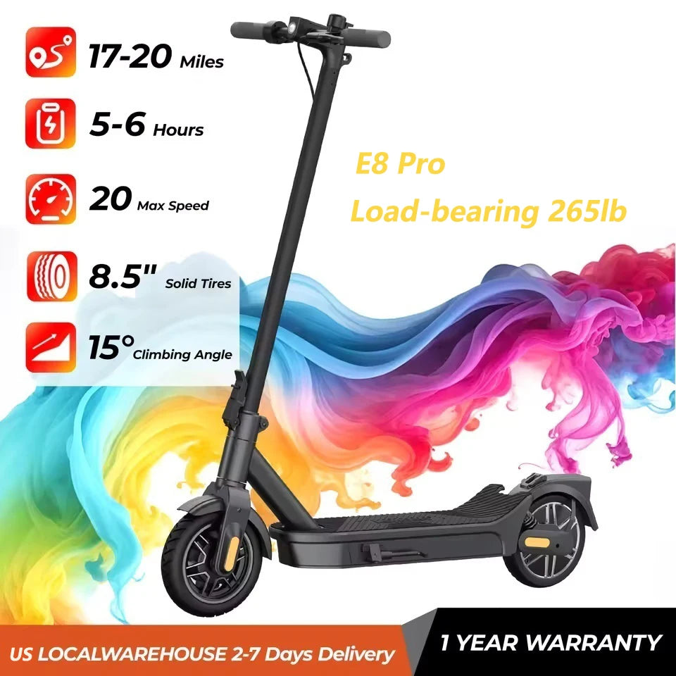 Patinete eléctrico plegable negro E8 Pro con neumáticos sólidos de 8,5"