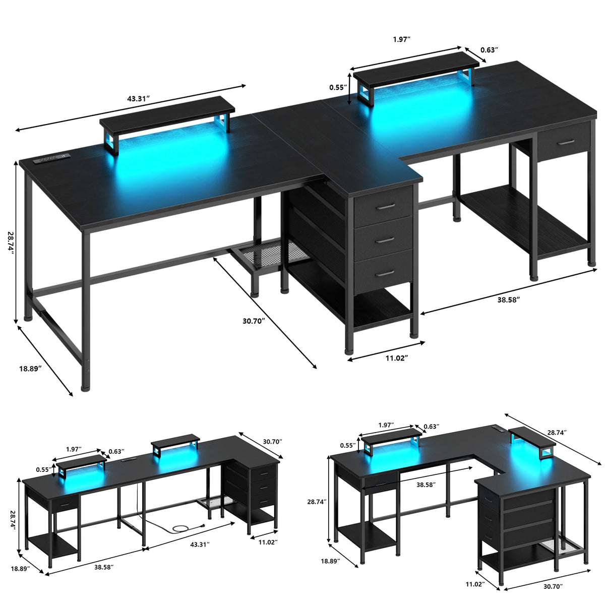 Escritorio doble negro con luces LED azules y dos superficies, vista con medidas