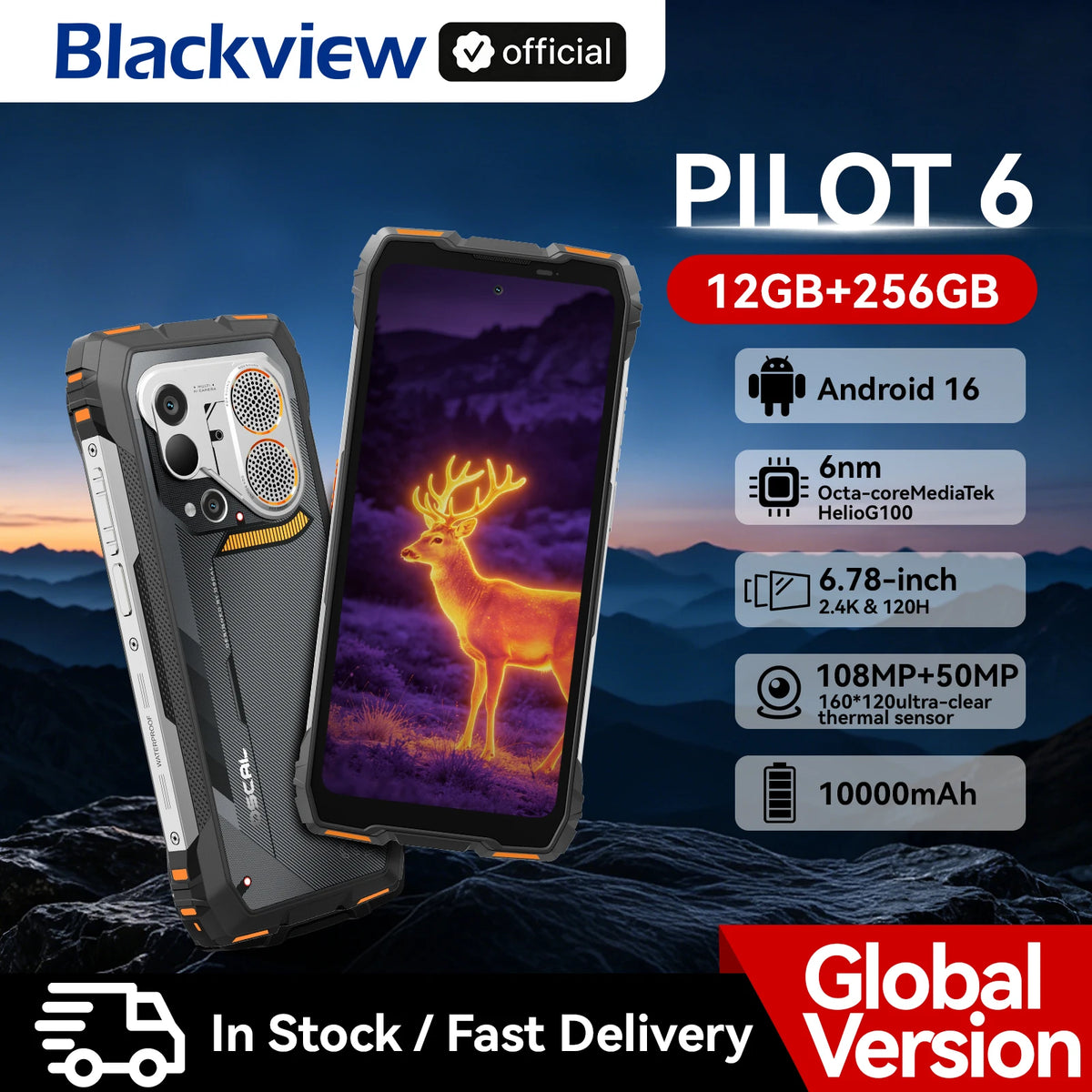 Smartphone resistente con cámara térmica Blackview OSCAL PILOT 6, MTK G100, pantalla de 6,67" 2,4K 120Hz, 12GB 256GB, batería de 10000mAh, Dual 4G
