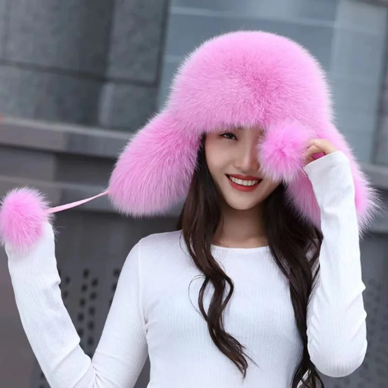 Gorro de piel de zorro auténtica para mujer, moda de invierno, gorros cálidos de Lei Feng, gorros de esquí al aire libre rusos, gorro de piel Natural, gorro de piel gruesa peluda
