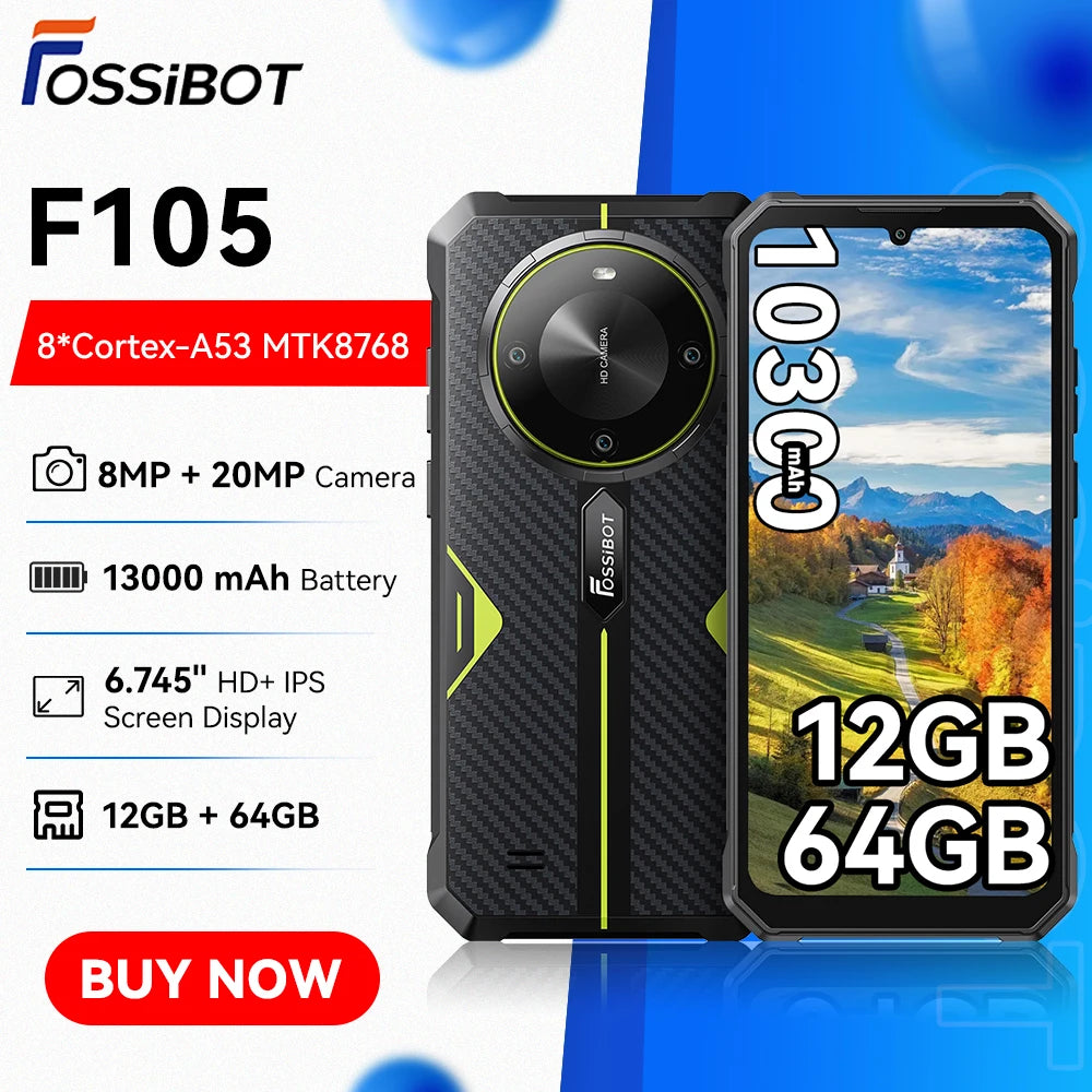 Smartphone FOSSiBOT F105 10300mAh 4GB+64GB Smartphone resistente, cámara de 20MP, pantalla HD+ IPS de 6.745", Android 14