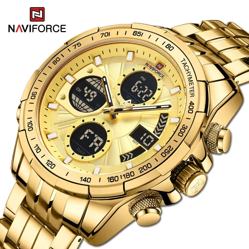 Top Luxury NAVIFORCE Men's Watch Dold Dial Quartz Double Military Time Sports Watch Steel Belt Waterproof Luminous Alarm Clock