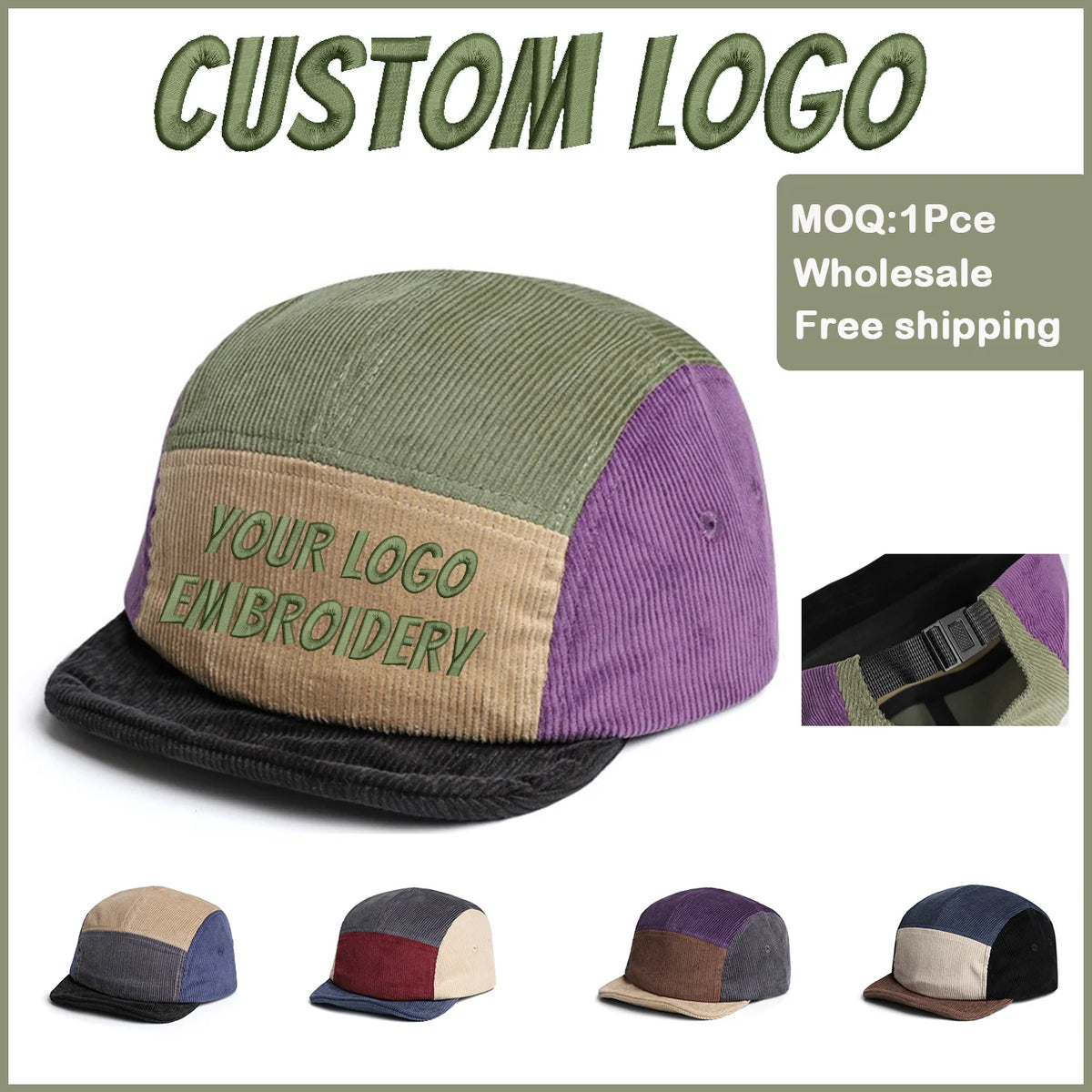 Gorra de béisbol Fedoryn de pana retro con ala corta, bordado personalizado, parche multicolor, 5 paneles, para hombres y mujeres, gorra con logotipo personalizable