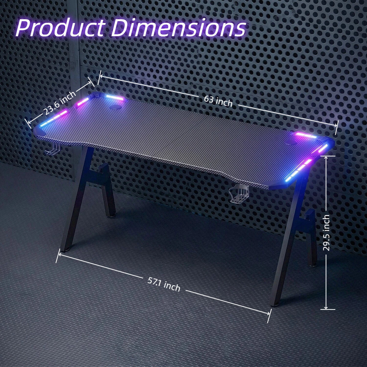 Escritorio gamer con medidas: 63" x 57.1" y altura 29.5"