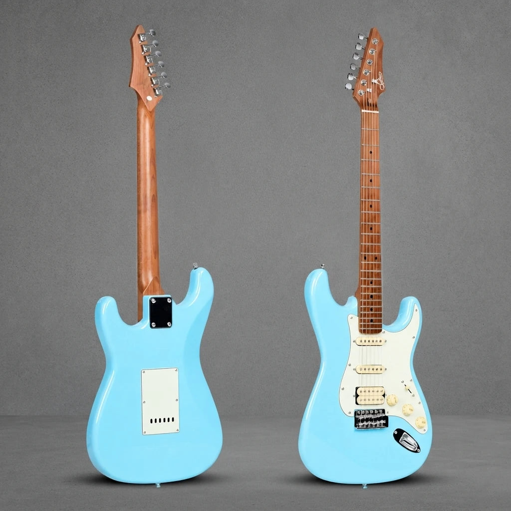 Guitarra eléctrica de estilo rock ST PRO 22, con trastes, pastillas Alnico 5 HSS, mástil de arce, cuerpo con acabado brillante, herrajes cromados, 6 cuerdas, ideal para guitarristas de rock.