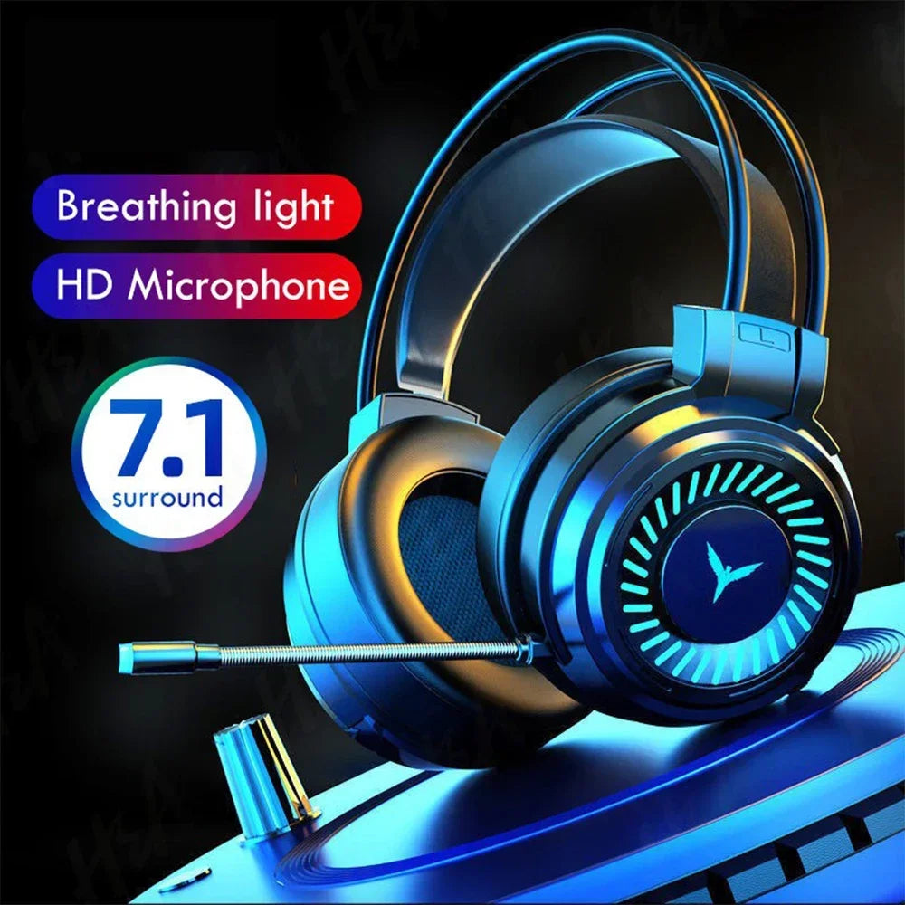 Auriculares gaming con micrófono, diadema azul y luz LED multicolor en la copa