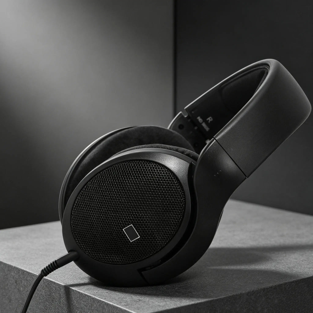 Auriculares abiertos negros con almohadillas acolchadas y copa de malla.