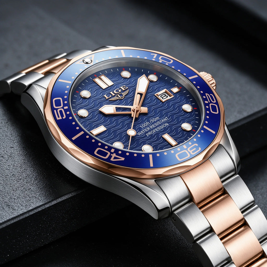 LIGE Classic Quartz Watch for Men Rotating Bezel Luminous Calendar Business Men's Watches Stainless Steel Man Wristwatch+Box
