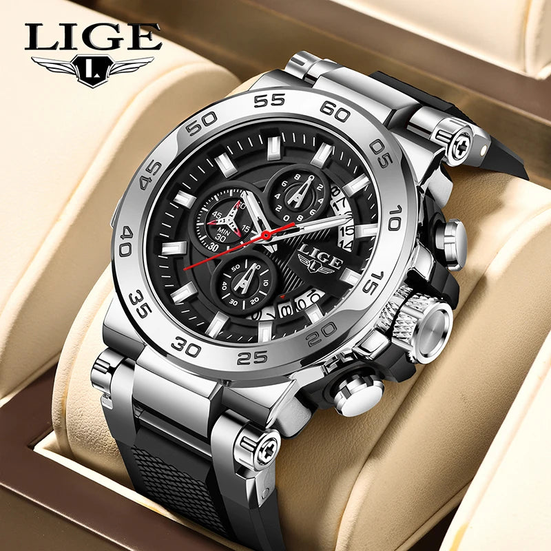Reloj de lujo LIGE 2026 para hombre, reloj militar de cuarzo con correa de silicona, cronógrafo impermeable con calendario de marca superior