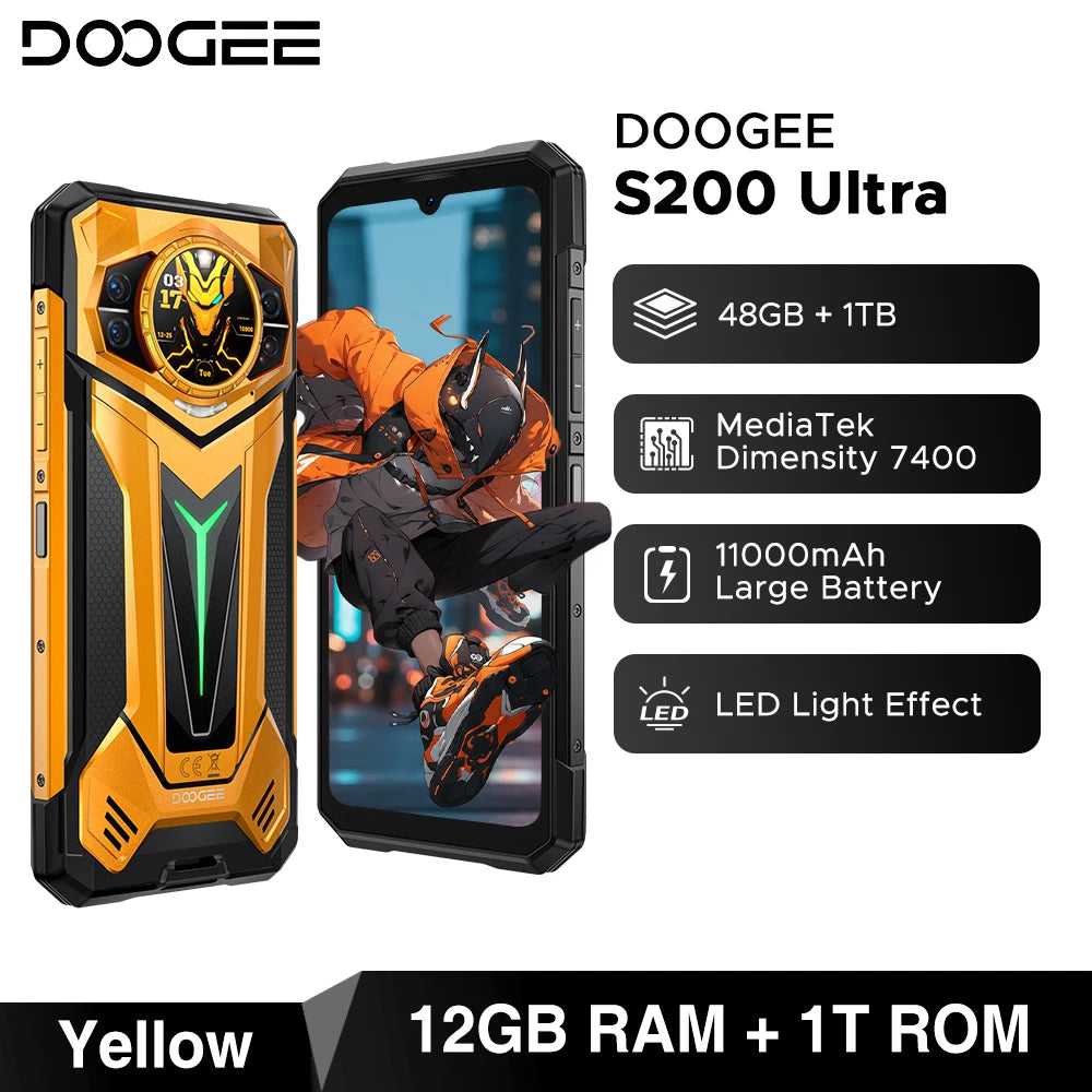 Teléfono rugerizado DOOGEE S200 Ultra 5G 48GB+1TB Dimensity 7400, batería de 11000mAh, 66W, pantalla FHD+ de 6.72” a 120Hz, luz de notificación, NFC, smartphone