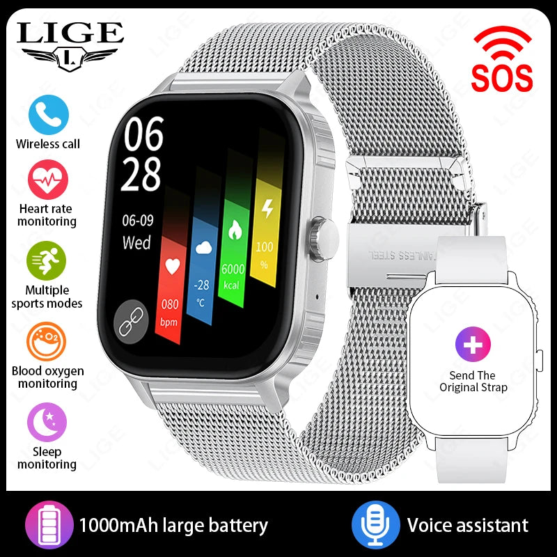 Reloj inteligente LIGE con batería de 1000mAh para mujer, monitoreo de frecuencia cardíaca y sueño, llamadas Bluetooth, resistente al agua IP68, reloj inteligente para hombre compatible con Android e iOS