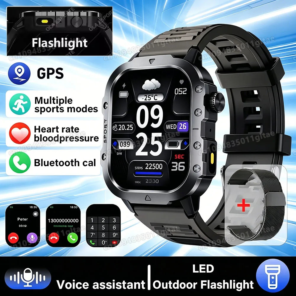 2026 New Military-grade Smart Watch Men GPS Flashlight 3ATM Waterproof Watch Bluetooth Call 100+Sport Outdoor Smartwatch Pk Ht30