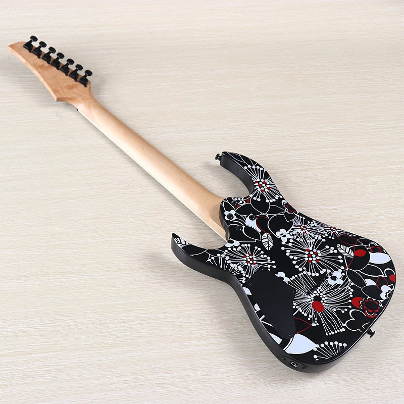 Guitarra Eléctrica de 7 Cuerdas, 39 Pulgadas, Cuerpo de Madera de Tilo con Diseño Floral Negro, Mástil de Arce Canadiense, Acabado Brillante, Envío Gratuito a Estados Unidos