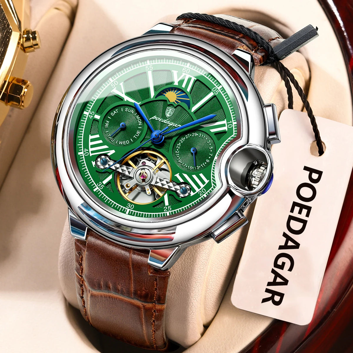 Reloj POEDAGAR de lujo para hombre, de negocios, con fecha, día, tourbillon de acero inoxidable, reloj mecánico automático impermeable para hombre
