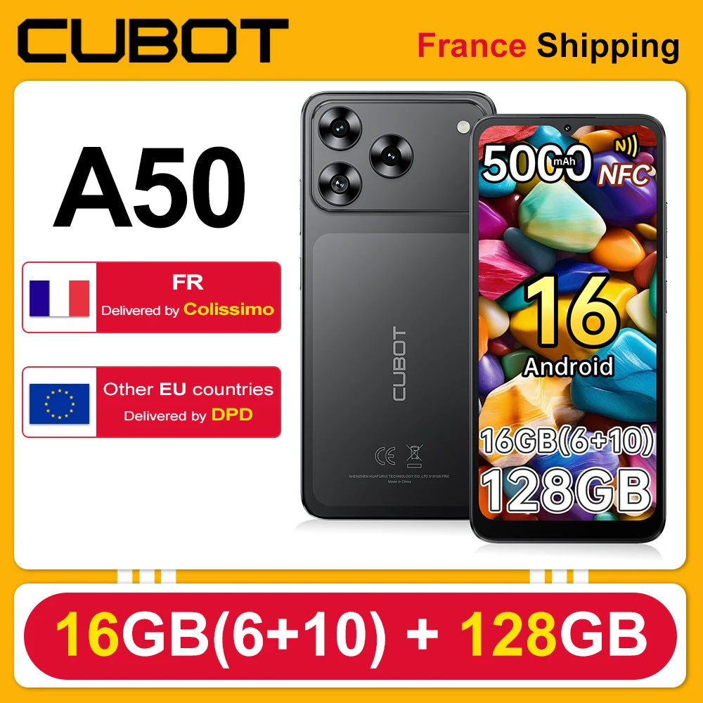 [Envío desde Francia] Smartphone Cubot A50 Android 16GB(6+10) RAM+128GB ROM, 6.58 pulgadas FHD+ 1080*2408, 60Hz, Dual Nano SIM, Batería de 5000mAh, 48MP+16MP, NFC, Face ID
