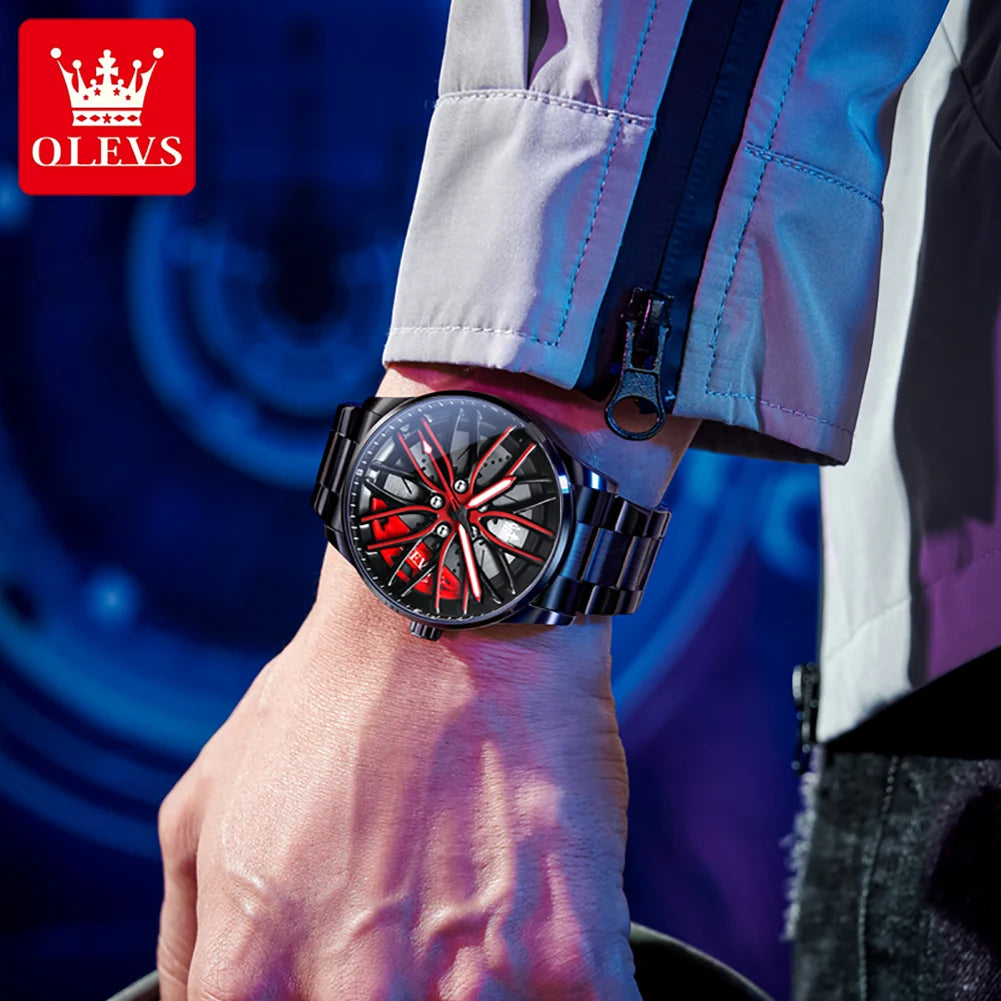 Reloj de lujo para hombre OLEVS 9937, resistente al agua, diseño de llanta de coche deportivo, reloj de cuarzo para hombre, de alta calidad, a la moda, el más vendido, luminoso.