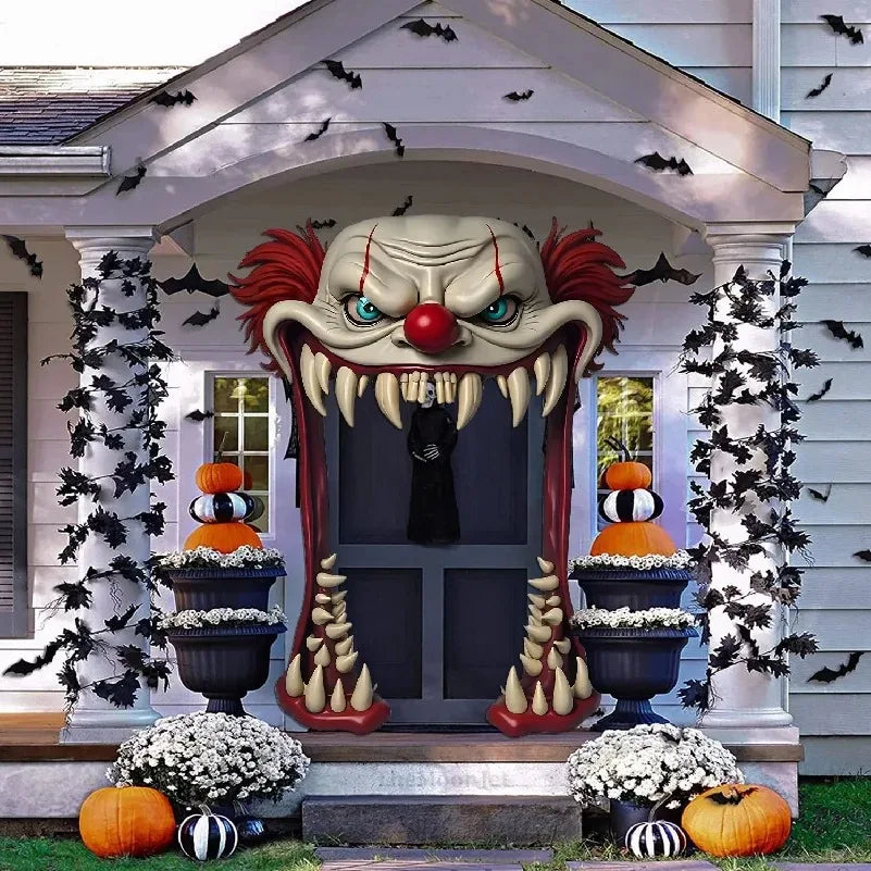 Cortina de puerta de payaso espeluznante de Halloween con boca grande abierta, decoración de terror para puerta principal de casa embrujada, fiesta de Halloween