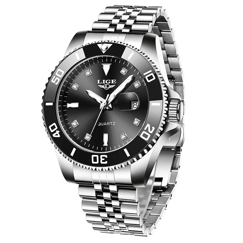Reloj para hombre de moda LIGE con esfera de diamantes, reloj de negocios, resistente al agua, con calendario, cierre desplegable de mariposa y correa de acero inoxidable.