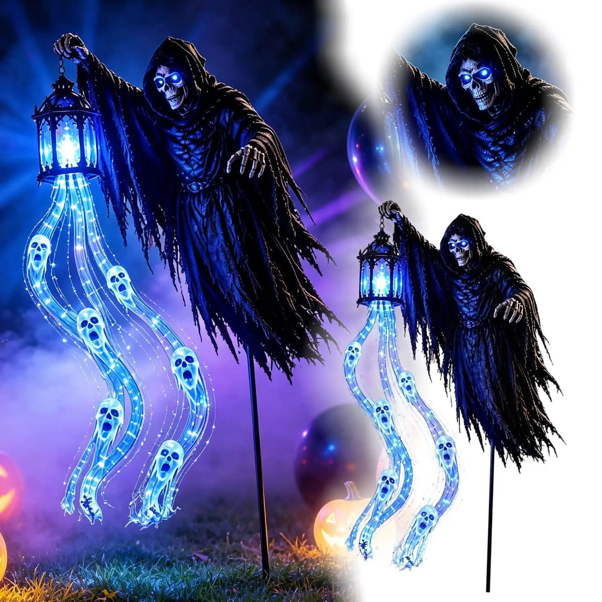 Estaca decorativa luminosa y animada de Segador de Almas para Halloween, luz de exterior de Segador de Almas para Halloween, espeluznante luz LED azul de alma fantasmal