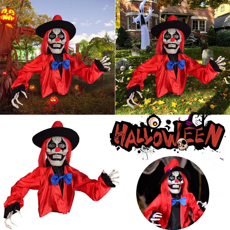 Accesorio de payaso con activación por movimiento, ojos LED brillantes y sonido de risa, decoración de Halloween para exteriores para jardines embrujados
