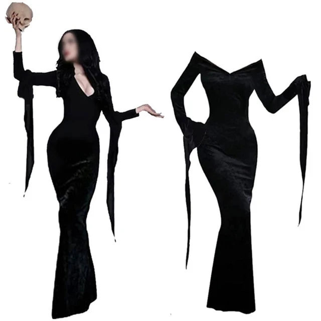 Disfraz de Morticia Addams para Cosplay, Vestido de Halloween, Traje de Carnaval para Adultos, Abrigo, Camisa, Pantalón, Corbata, Uniforme de Fiesta